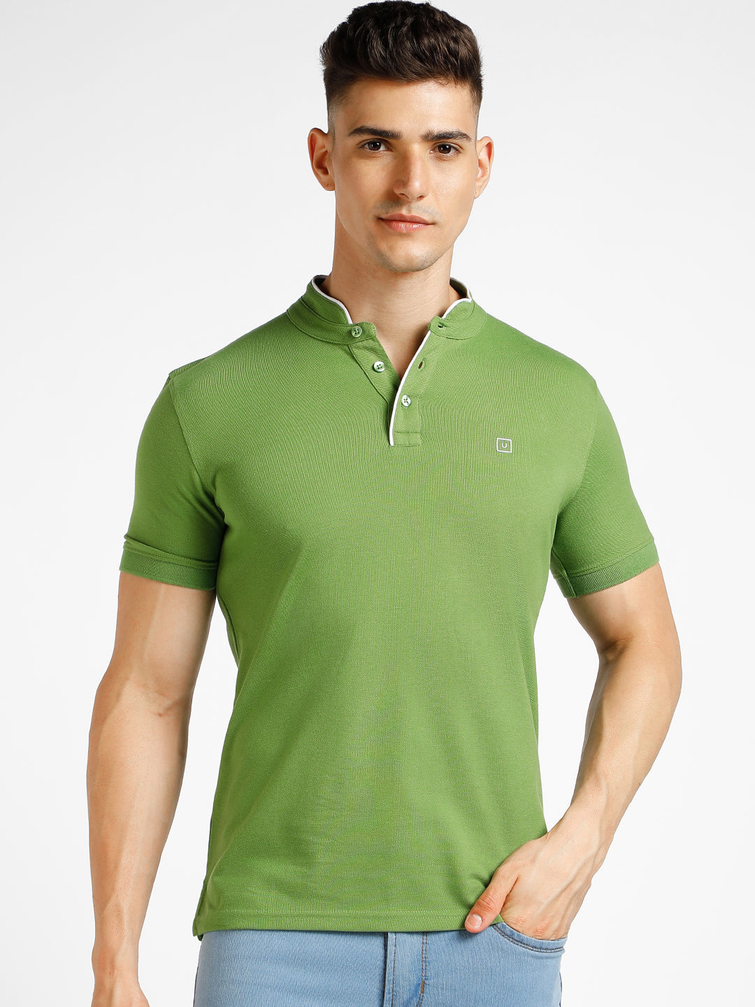 Men's Green Solid Slim Fit Half Sleeve Cotton Polo T-Shirt with Mandarin Collar