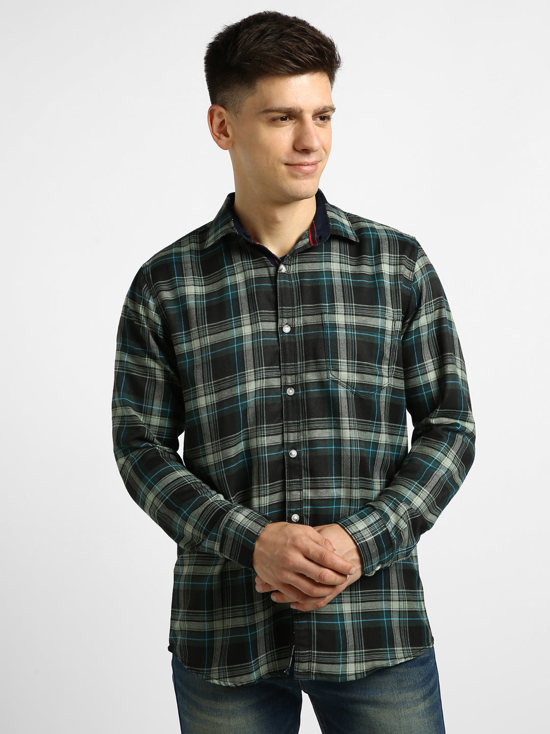 Men's Green Cotton Full Sleeve Slim Fit Casual Checkered Shirtwith Hooded Collar
