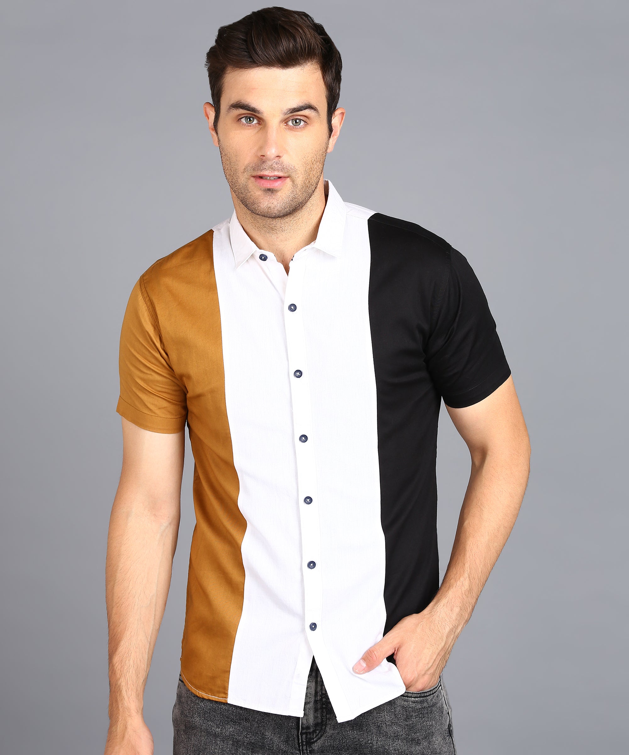 Men's Beige, Off White, Black Cotton Half Sleeve Slim Fit Casual Colorblock Shirt