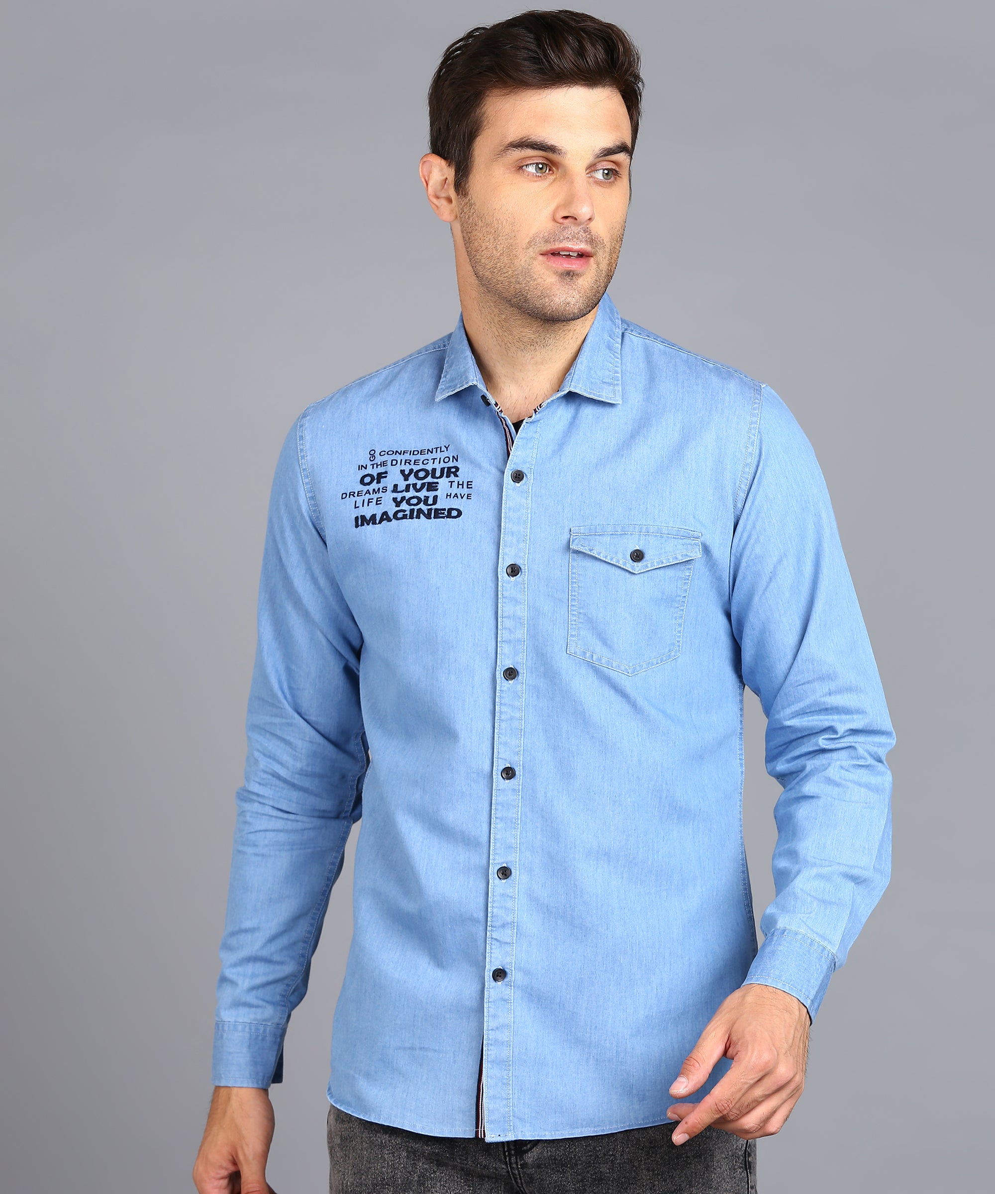 Men's Ice Blue Denim Full Sleeve Slim Fit Washed Casual Shirt