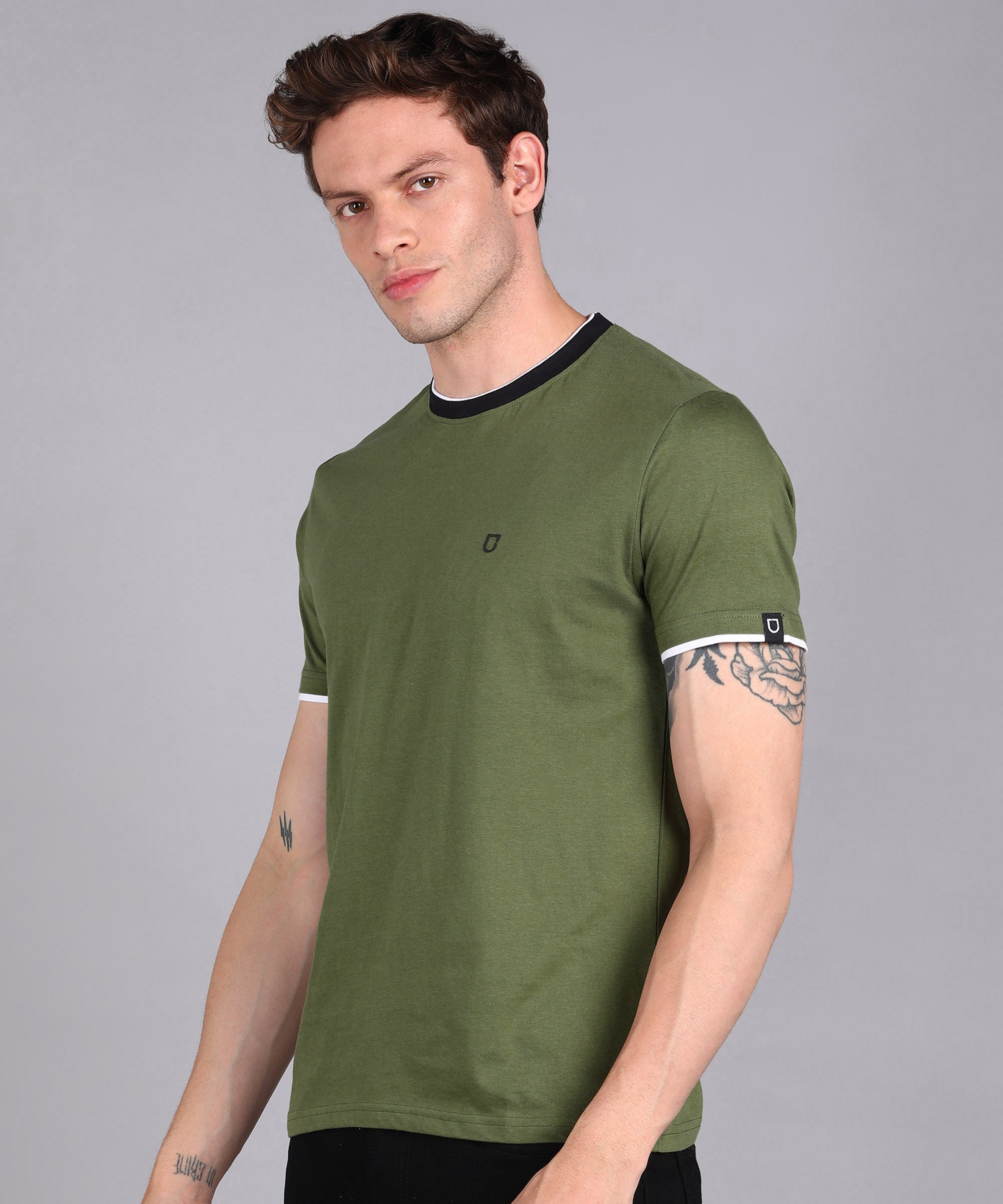 Men's Solid Olive Round Neck Half Sleeve Slim Fit Cotton T-Shirt