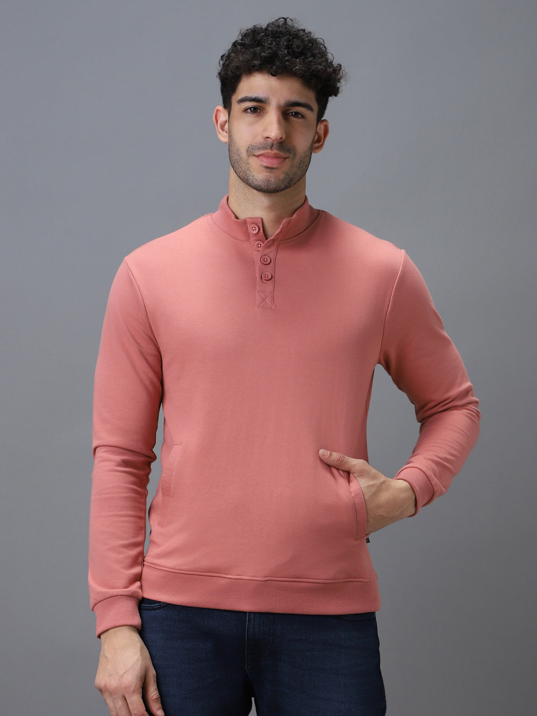 Men's Pink Cotton Solid Button High Neck Sweatshirt
