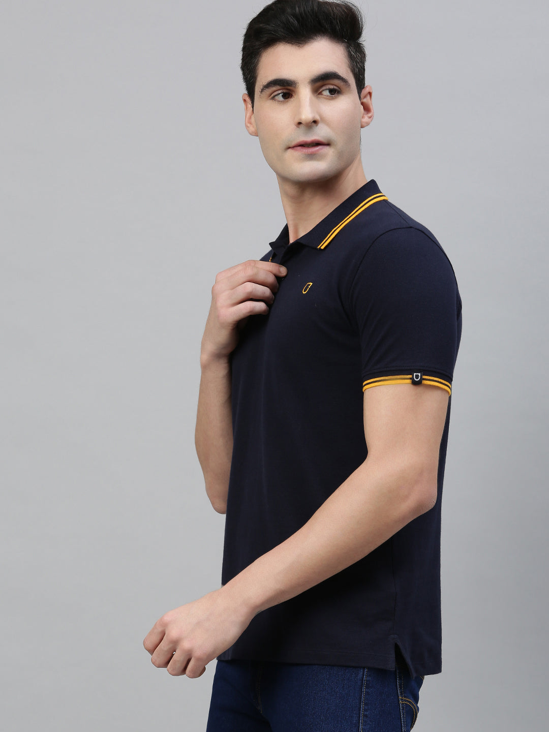 Urbano Fashion Men's Navy Blue Solid Cotton Slim Fit Polo T-Shirt