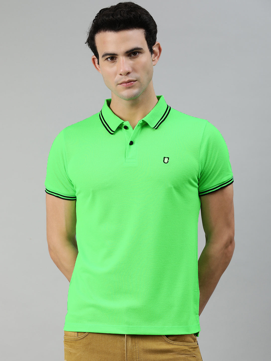 Urbano Fashion Men's Neon Green Solid Slim Fit Half Sleeve Cotton Polo T-Shirt