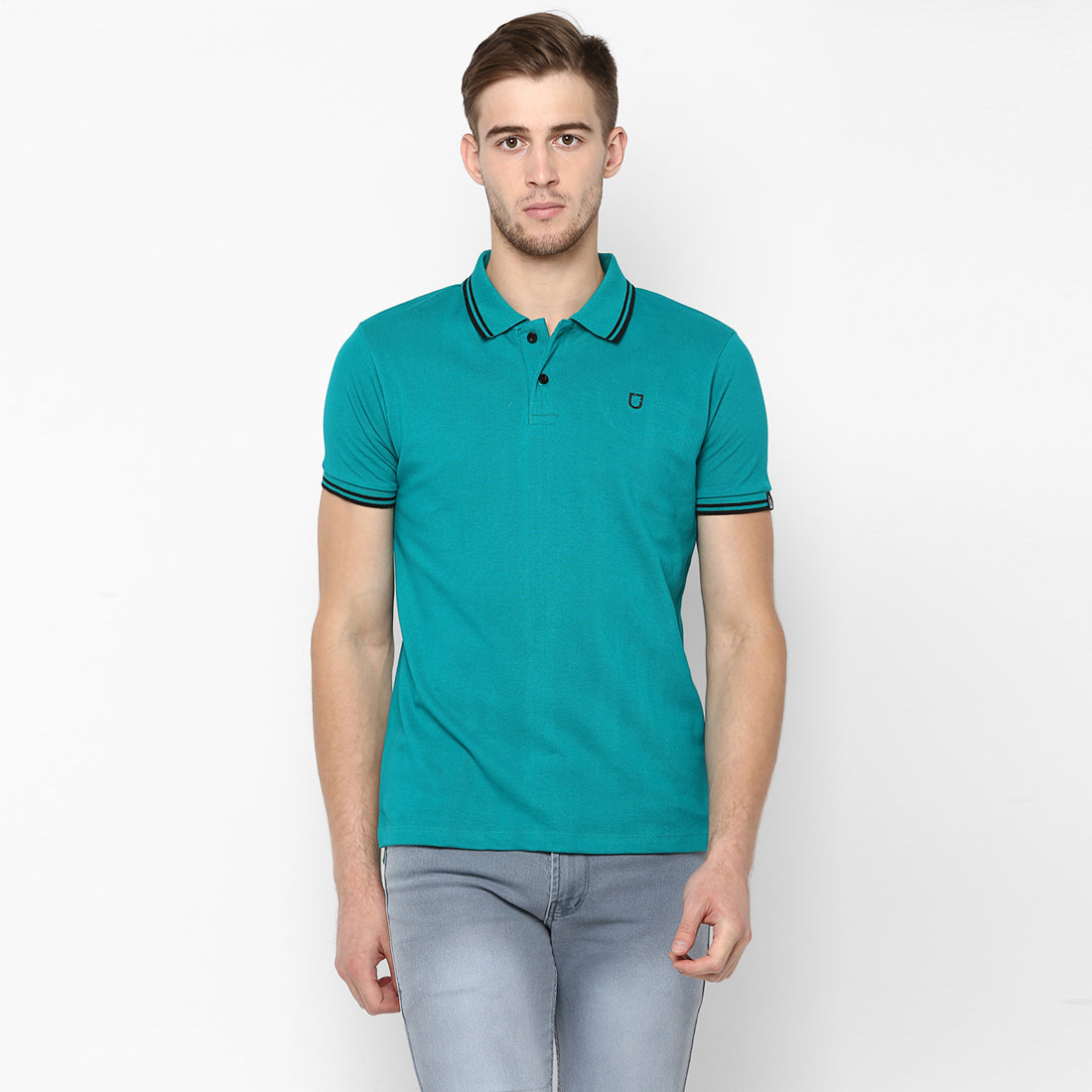 Urbano Fashion Men's Teal Green Solid Slim Fit Half Sleeve Cotton Polo T-Shirt