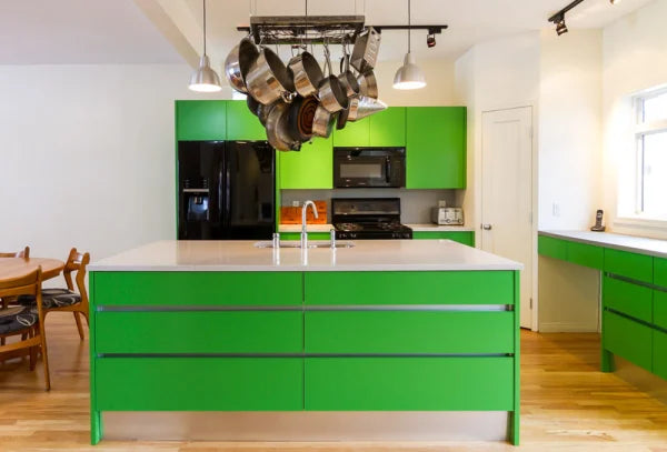 Striking Green Aluminum Kitchen Cabinets