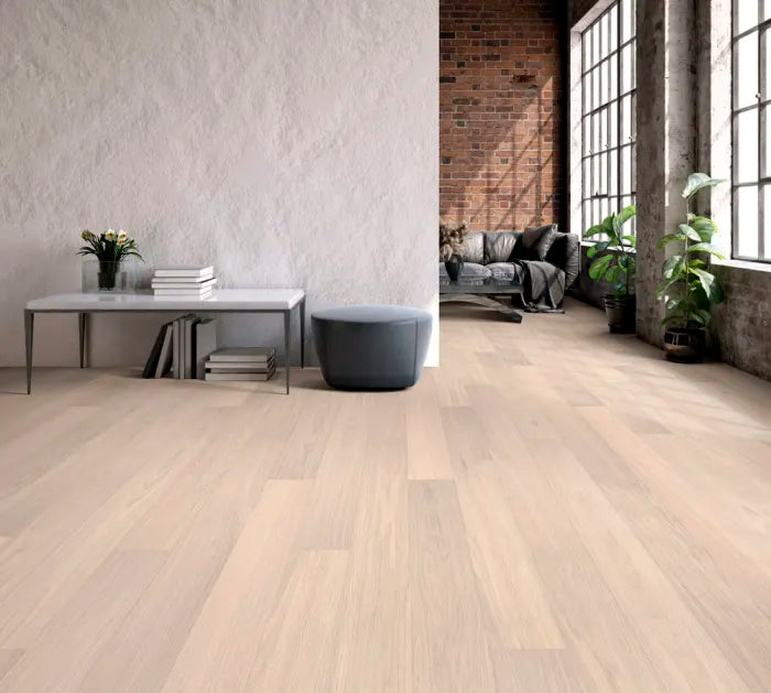 Waterproof Hardwood Flooring by Green Building Supply, A spacious living room with a waterproof hardwood floor in the style of Powder White Oak.