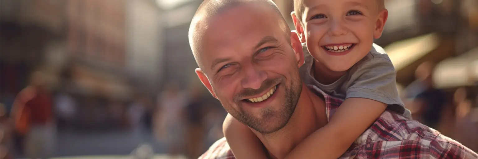 Vater mit seinem Sohn auf dem Rücken, glückliches foto