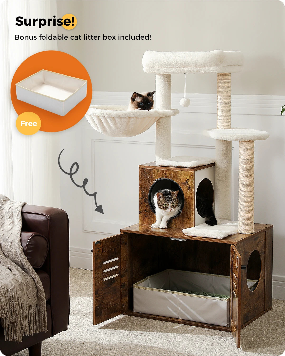 Multi-Level Cat Tower with Foldable Litter Box