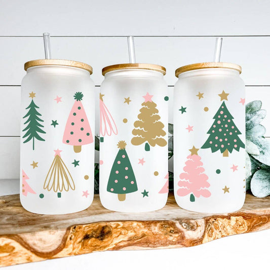 Christmas Tree Doodles Glass Cup with Bamboo Lid