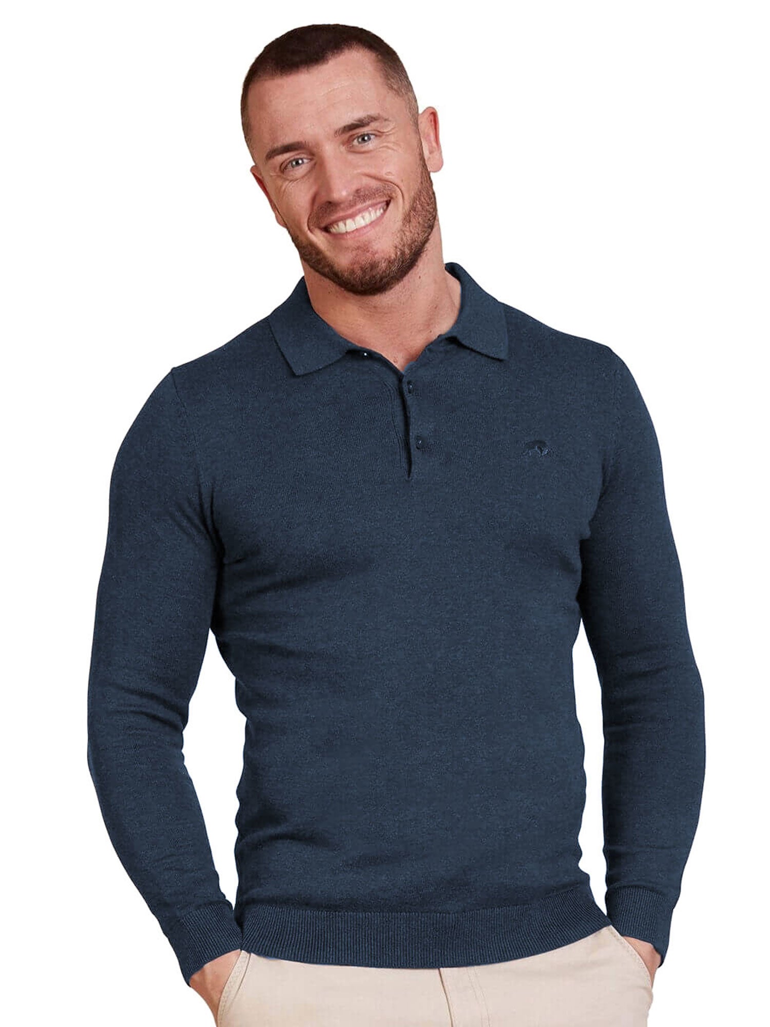 Long Sleeve Knitted Polo - Navy