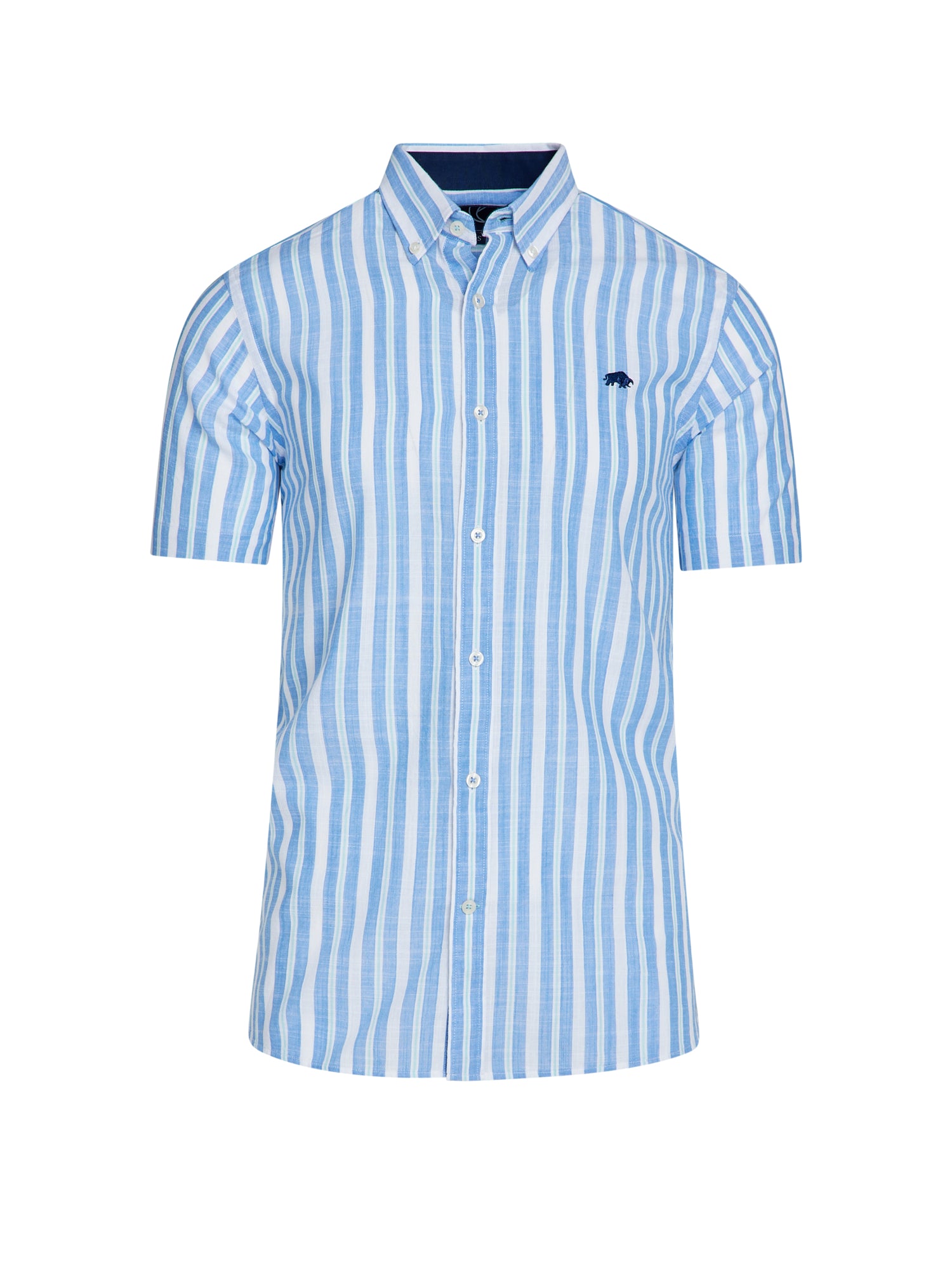 Short Sleeve Multi Stripe Linen Look Shirt - Mid Blue