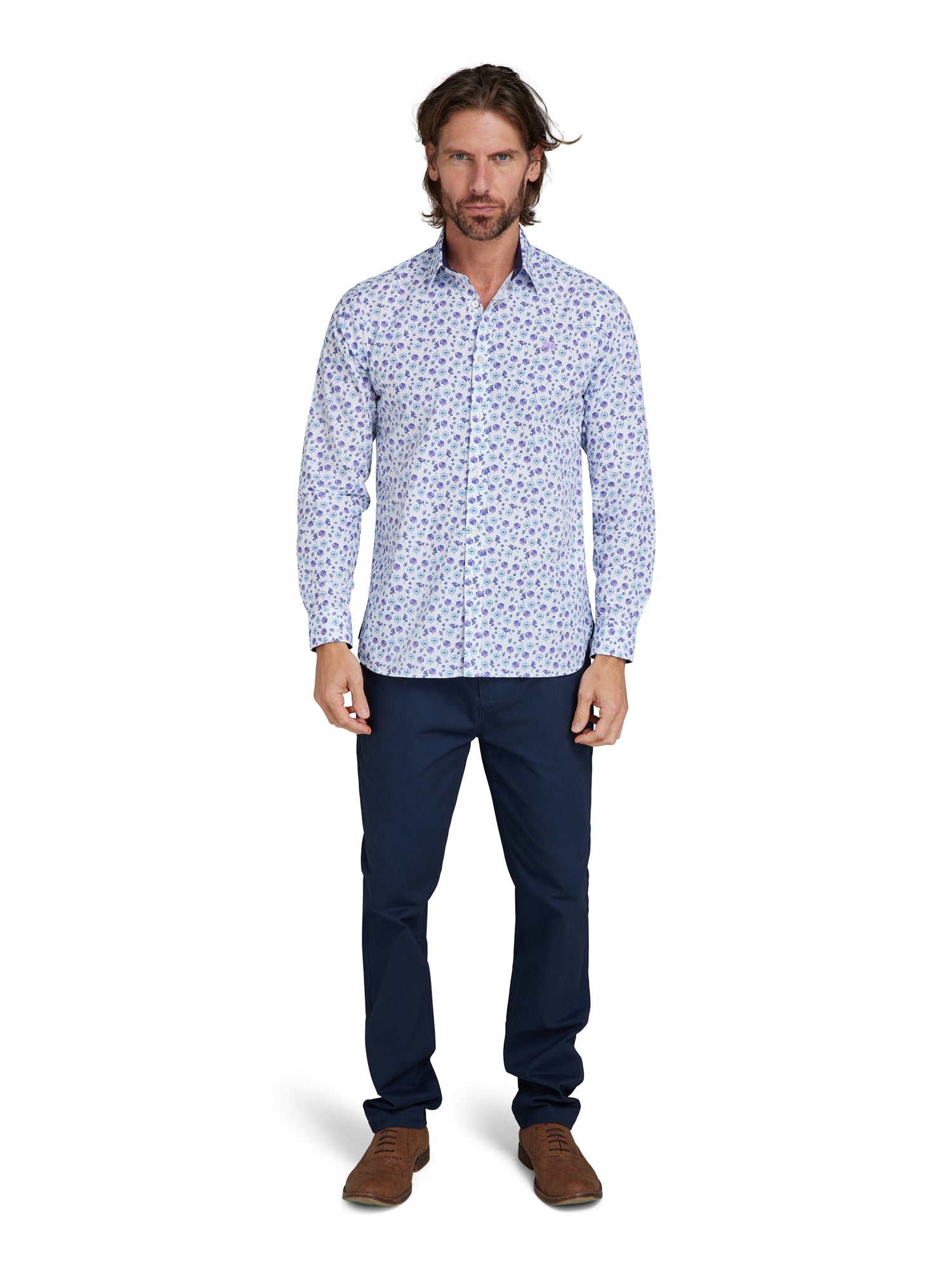 Long Sleeve Flower Pattern Poplin Shirt - Purple