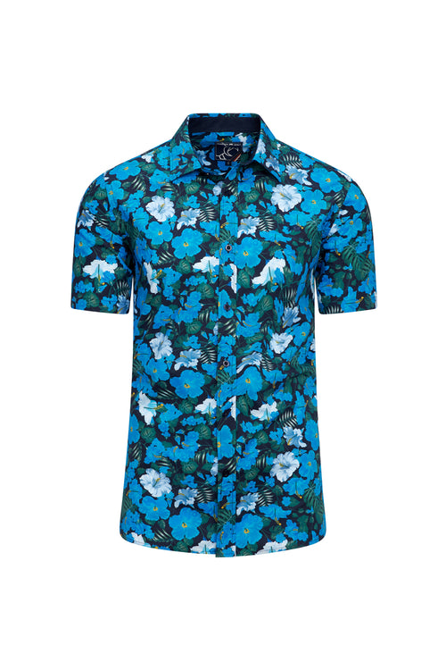 Raging Bull Short Sleeve Flower Bud Print Poplin Shirt - Sky Blue - S