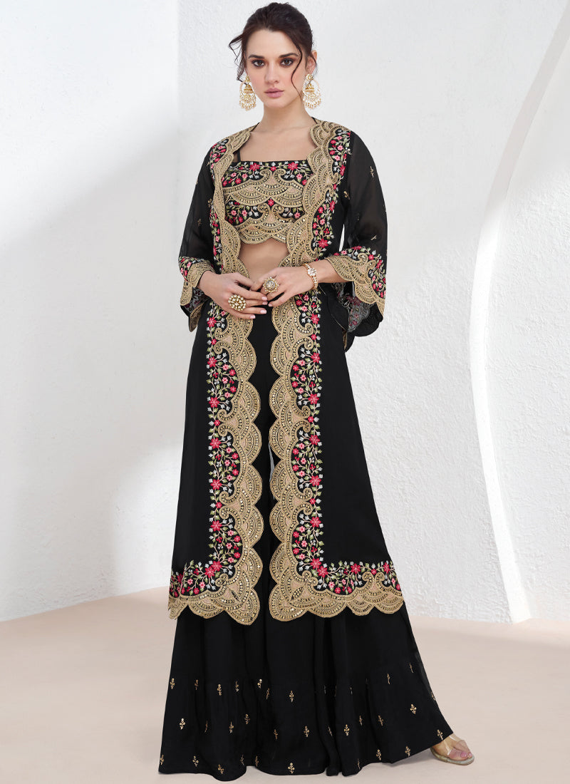 Black Embroidered Designer Jacket Style Georgette Lehenga