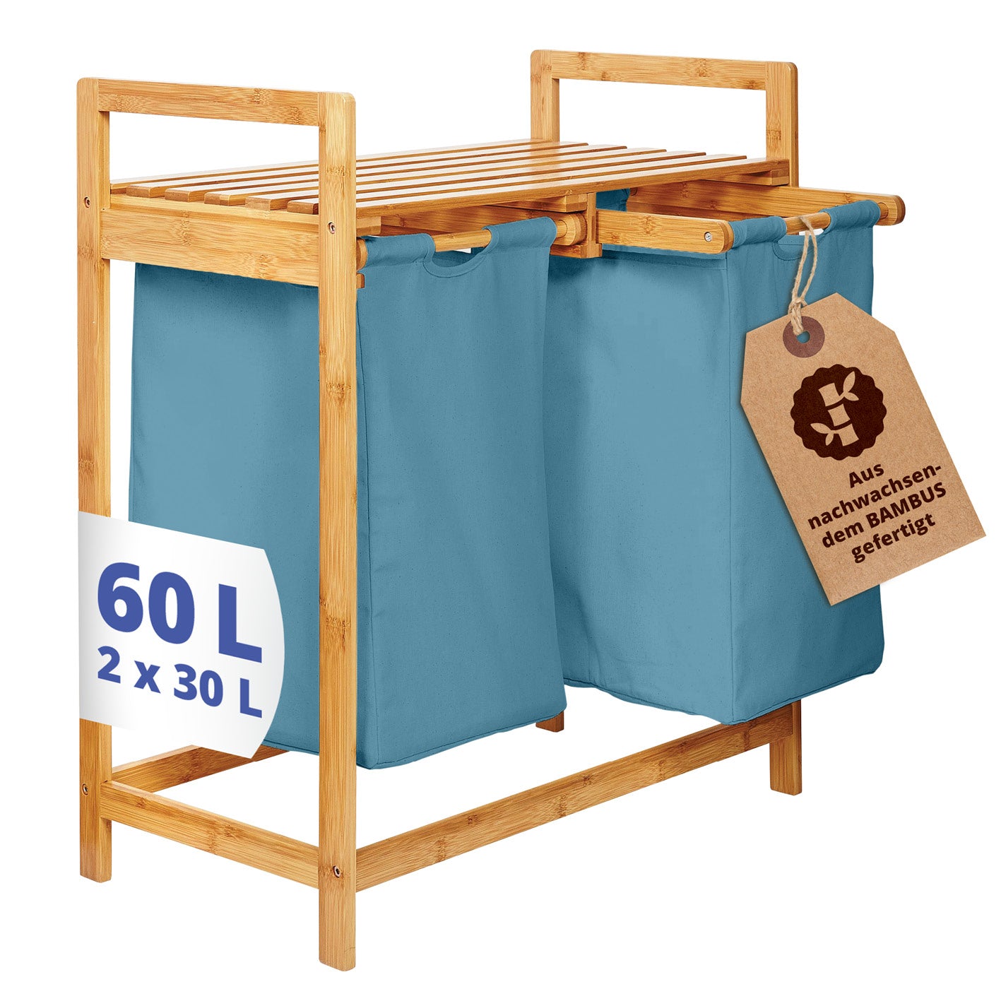 Bambus Wäschekorb mit 2 ausziehbaren Wäschesacken - 73 x 64 x 33 cm - Blau