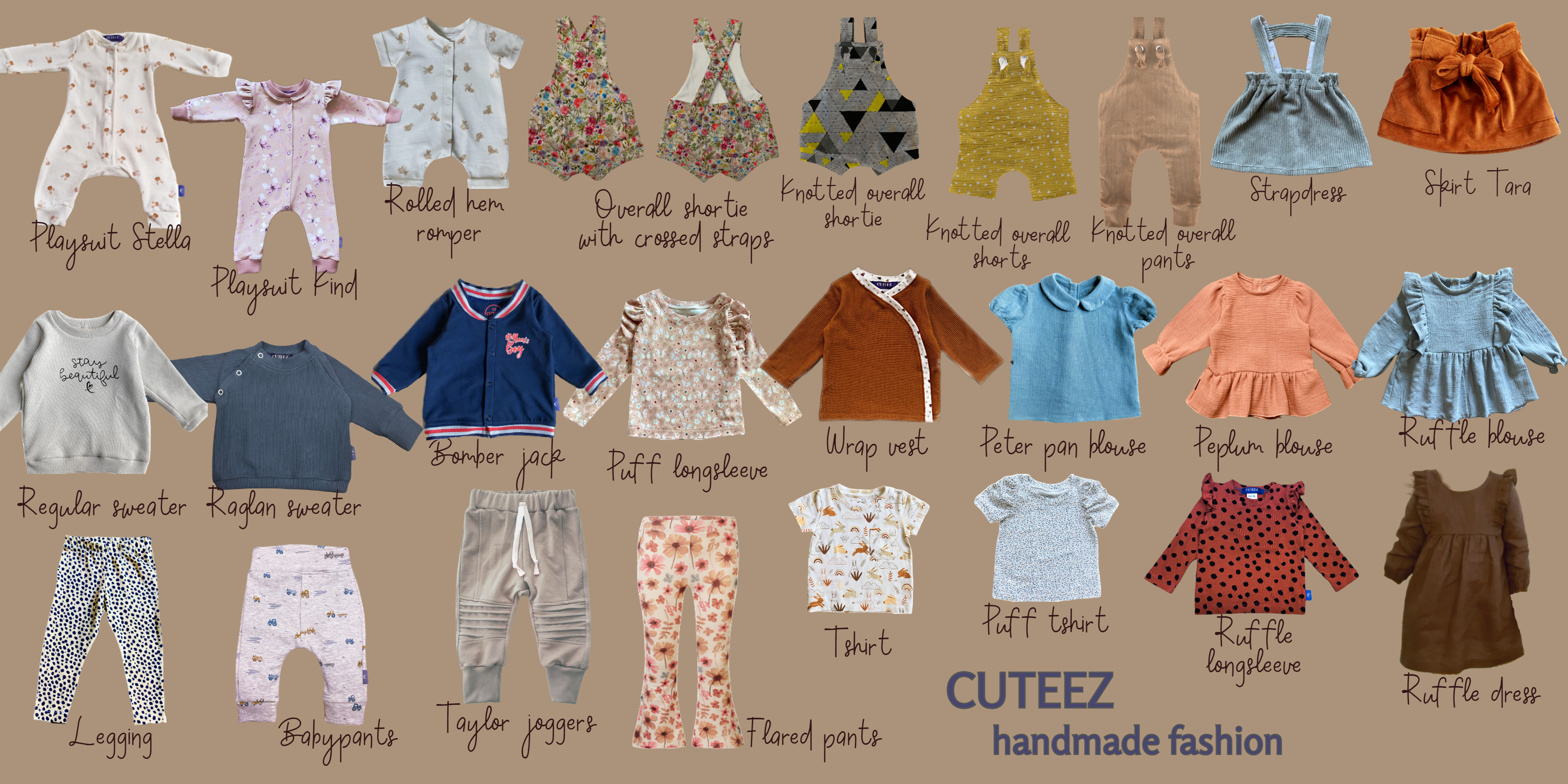 alle modellen kinderkleding uit onze kinderkleding webshop voor handgemaakte kinderkleding en duurzame babykleding (handgemaakte babykleding).