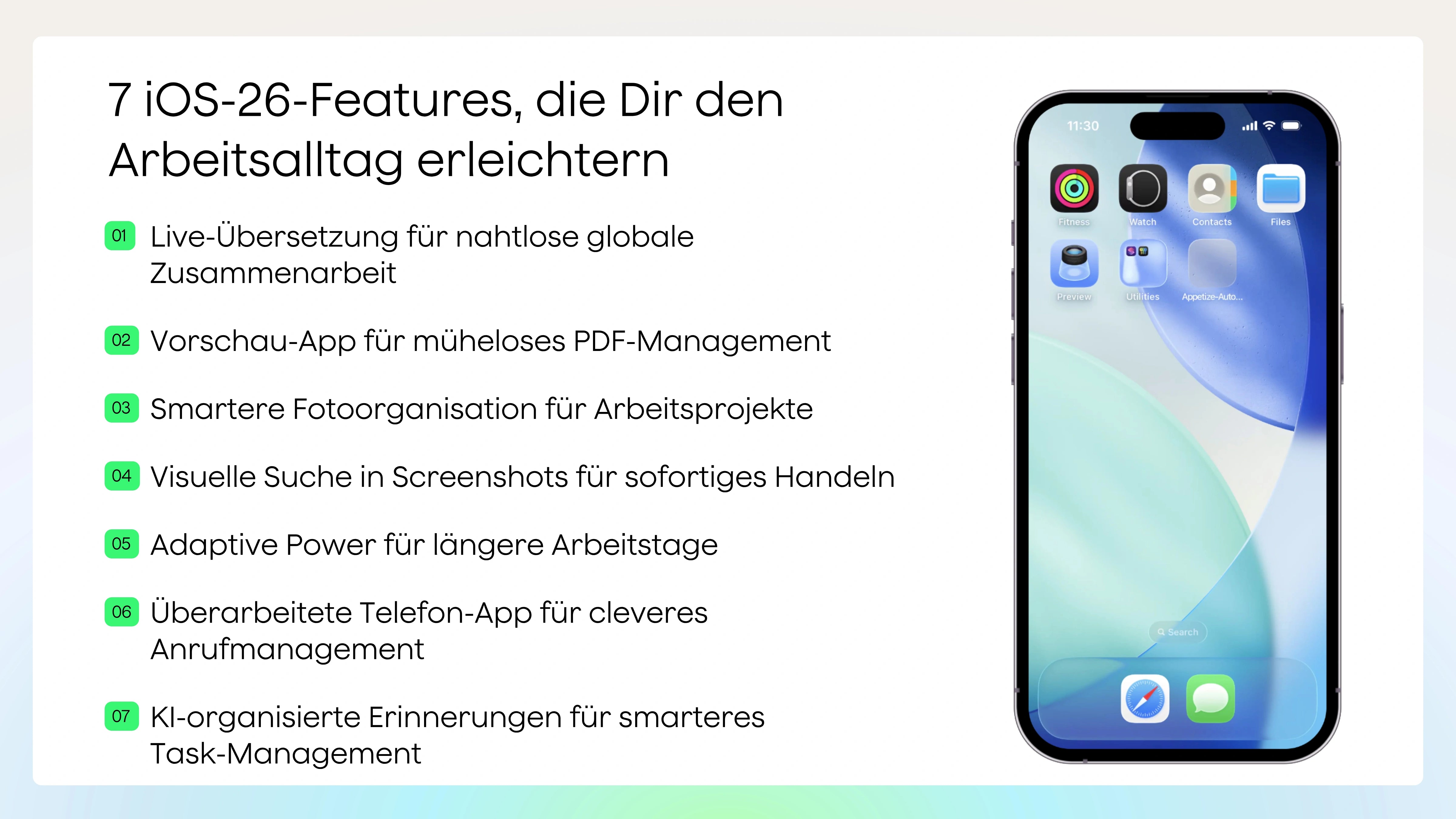 Screenshot eines iPhones, das die neuen Features von iOS 26 zeigt.