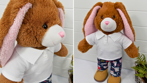 Photo on the left shows a Build a Bear teddy bear wearing a white polo t-shirt. The teddy bear on the right is wearing a white polo t-shirt, navy leggings with a cat pattern and sand coloured boots. The teddy bears are standing in front of a white background with a green fern plant to the right.