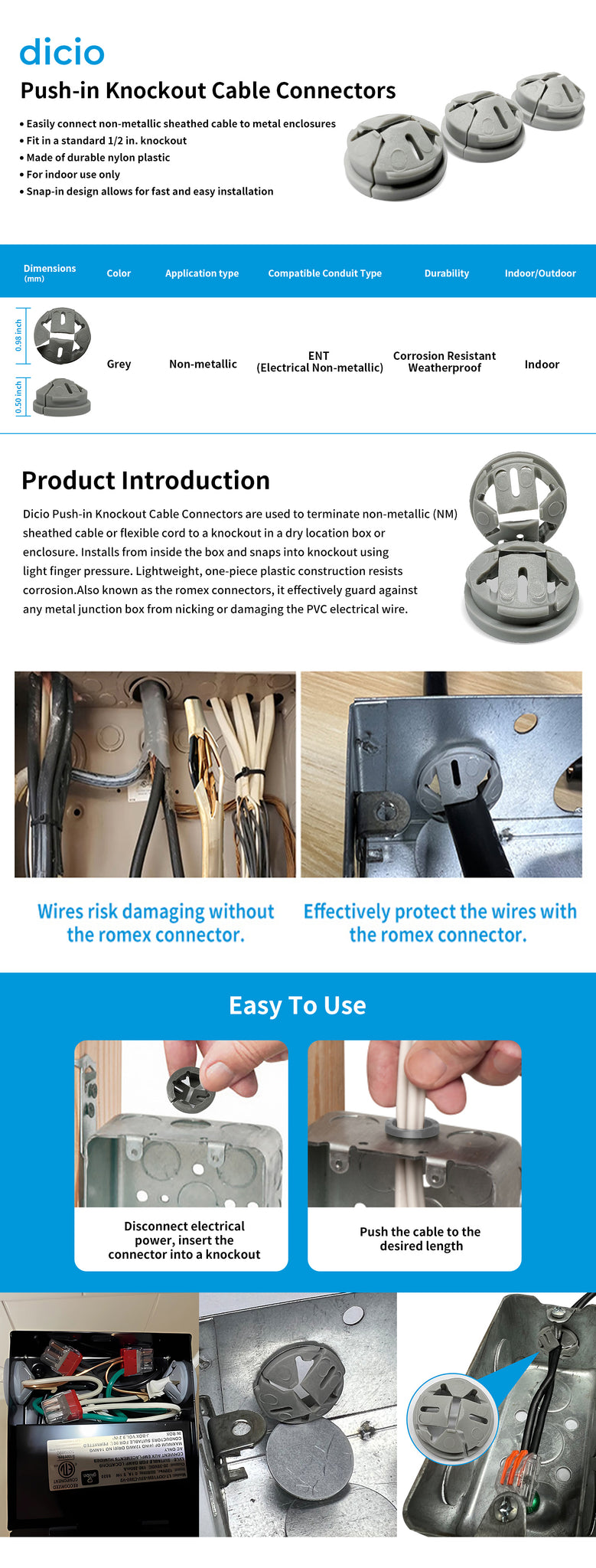 Romex wire connectors knock out user guide and spec sheet