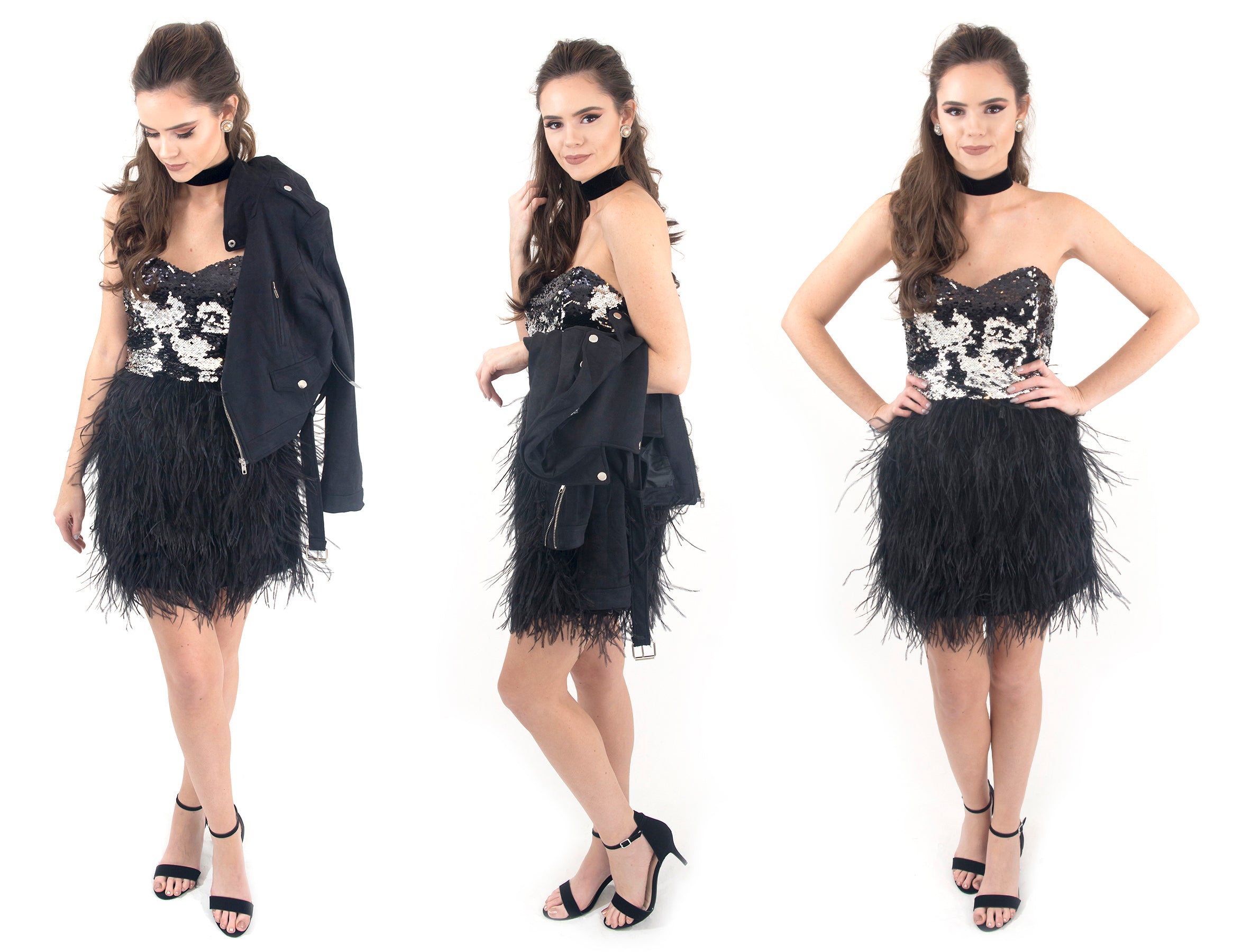 Black feather skirt dress with sequin bodice at Eccentrics Boutique