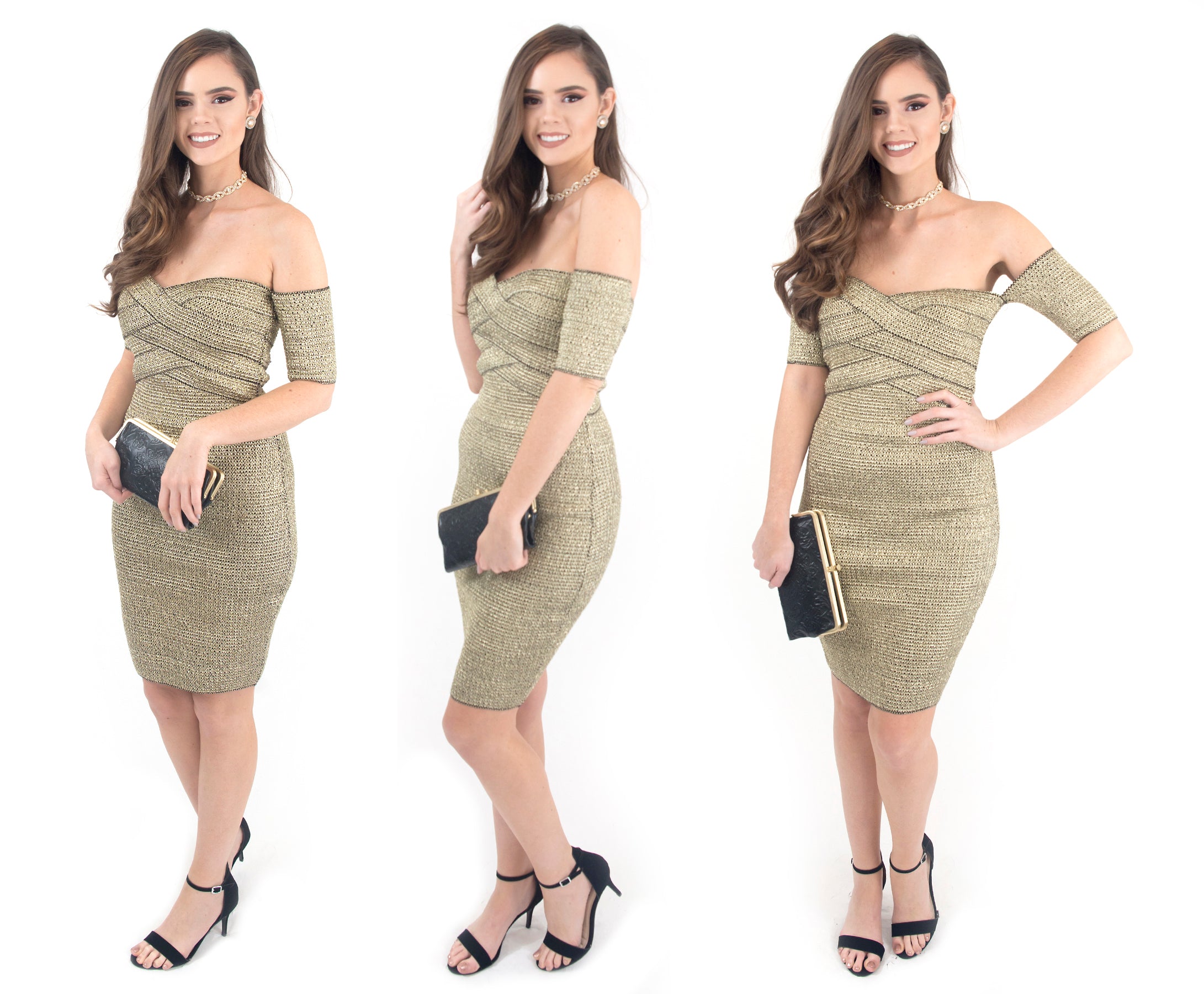 women's gold off the shoulder holiday dress at eccentrics boutique