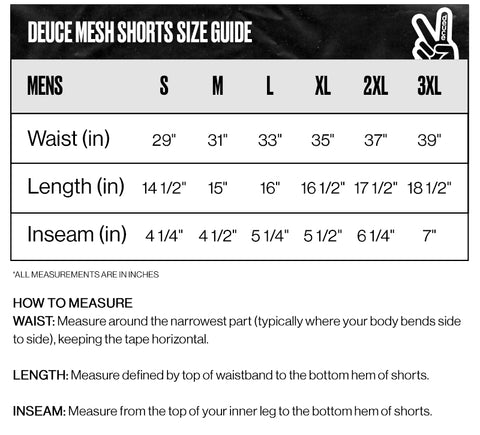 Deuce Mesh Shorts Size Guide - Deuce Brand