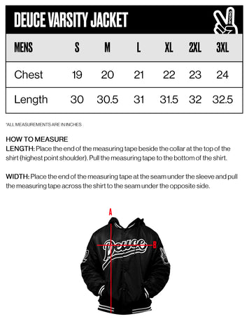 Deuce Brand varsity jacket size guide