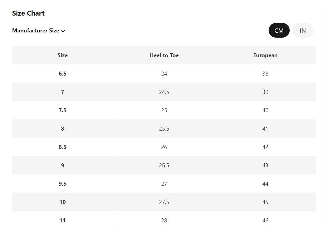 Men's slip-on sneakers sizing chart 