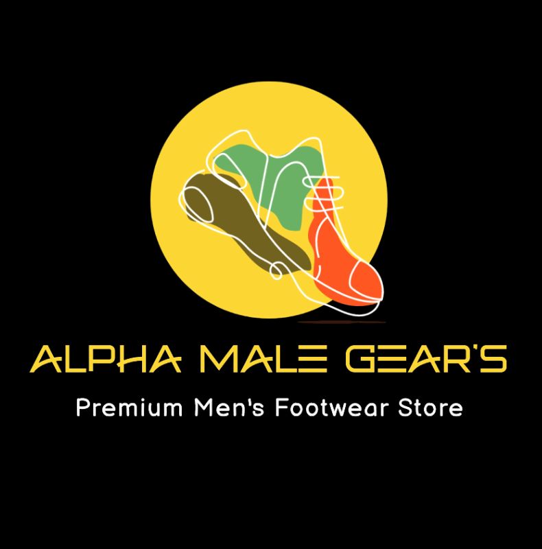 Alpha Male GEAR's logo, a top-tier men’s shoe store, with three unique shoes in a yellow circle on a black field.