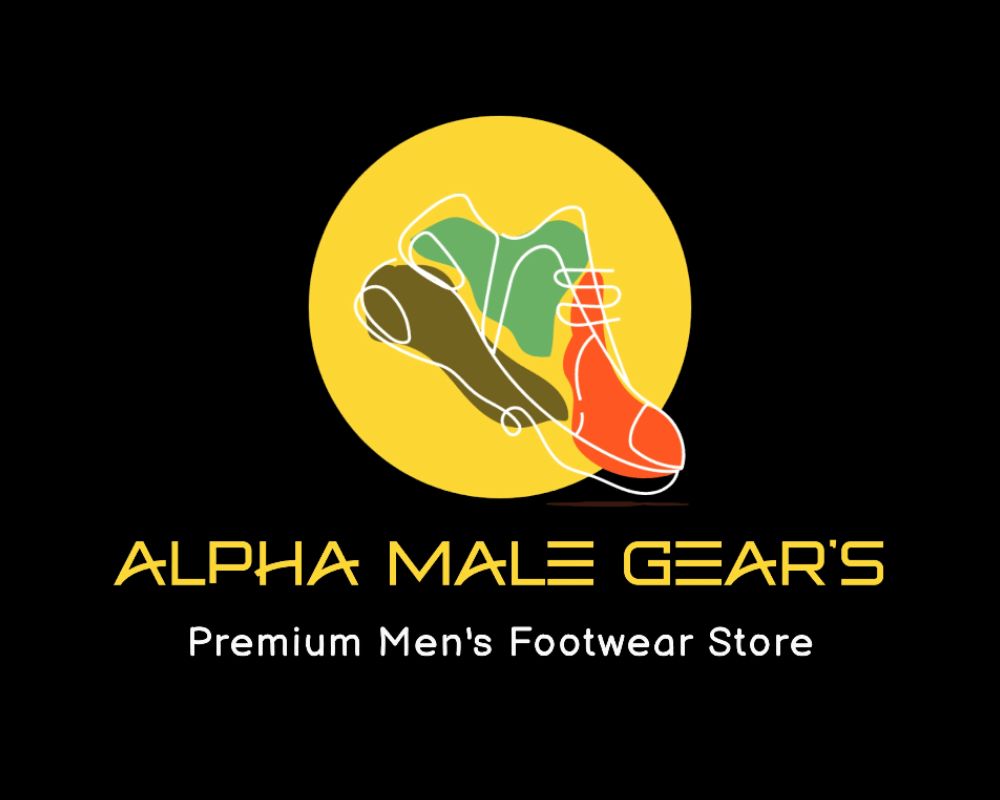 Alpha Male GEAR's logo: Premium Men’s shoes Store, with three stylized shoes in a yellow circle on black background 