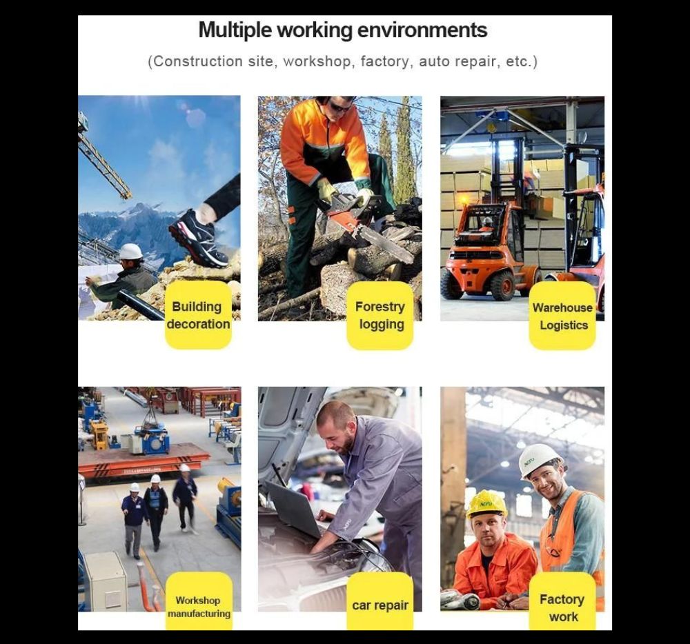 Collage of six work environments: decoration, logging, logistics, manufacturing, car repair, factory work