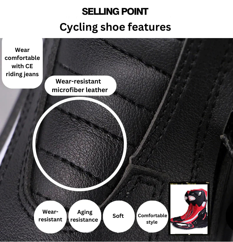 Close-up of Leather Motorcycle Boots, highlighting wear-resistant microfiber leather for comfort and durability