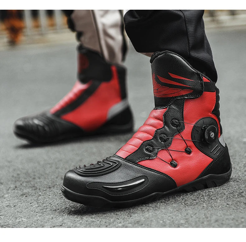 Men’s Biker Boots in red and black, featuring a unique design, worn outdoors on a city street