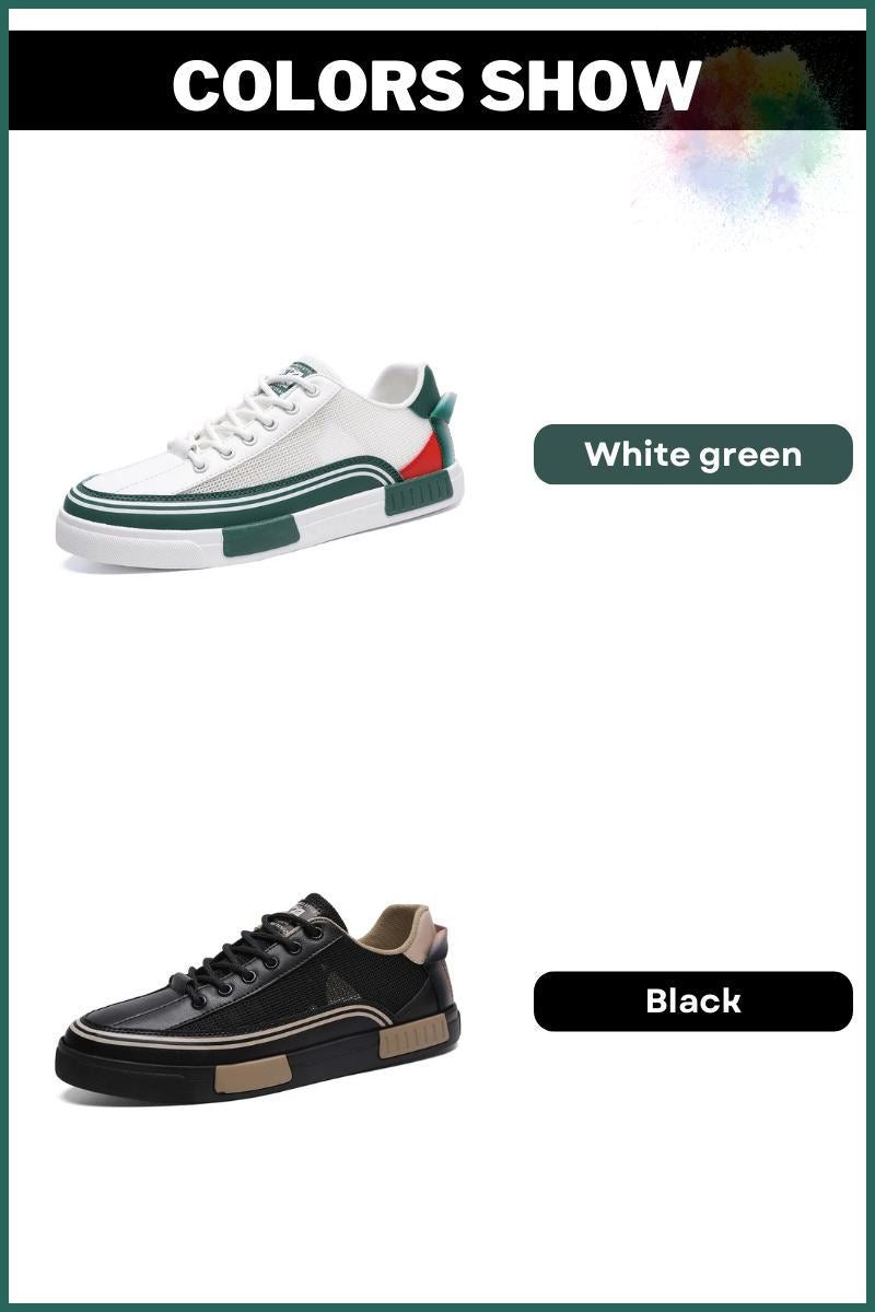 Two pairs of Men’s Canvas Sneakers, one in white with green accents and the other in solid black