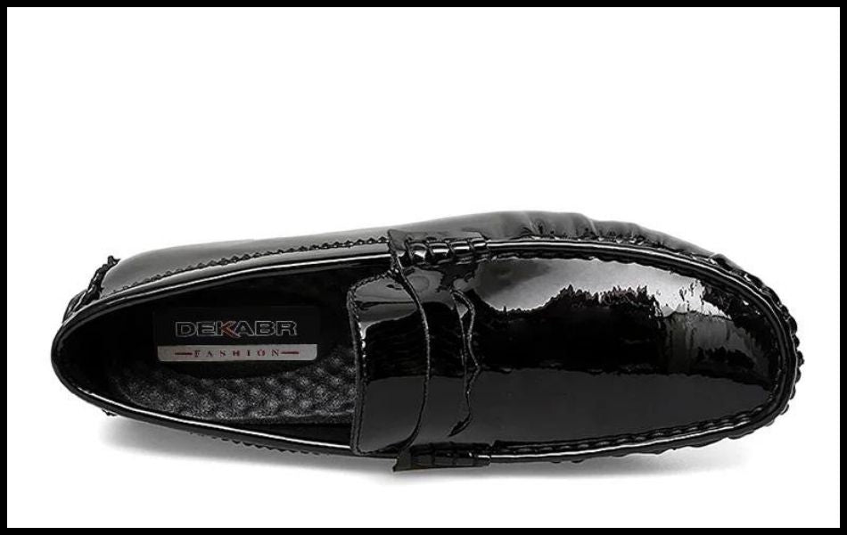 Men’s slip-on loafers by DEKABR, black with a glossy finish, showcased in a product show