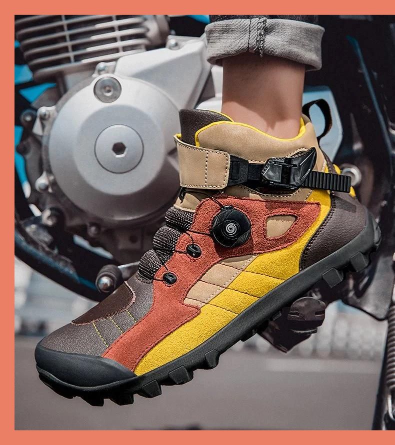 erson wearing colorful Moto Riding Boots near a motorcycle engine, showcasing style and comfort