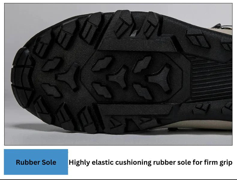 Motorcycle Off-Road Boots, bottom view, highlighting highly elastic, cushioning rubber sole for firm grip.