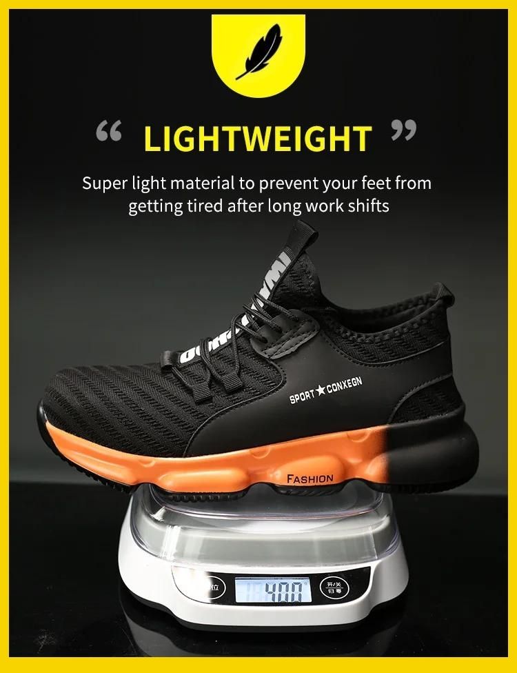 Sneakers work shoes: Lightweight, black with orange sole, displayed on a scale showing 400g, ideal for long work shifts.