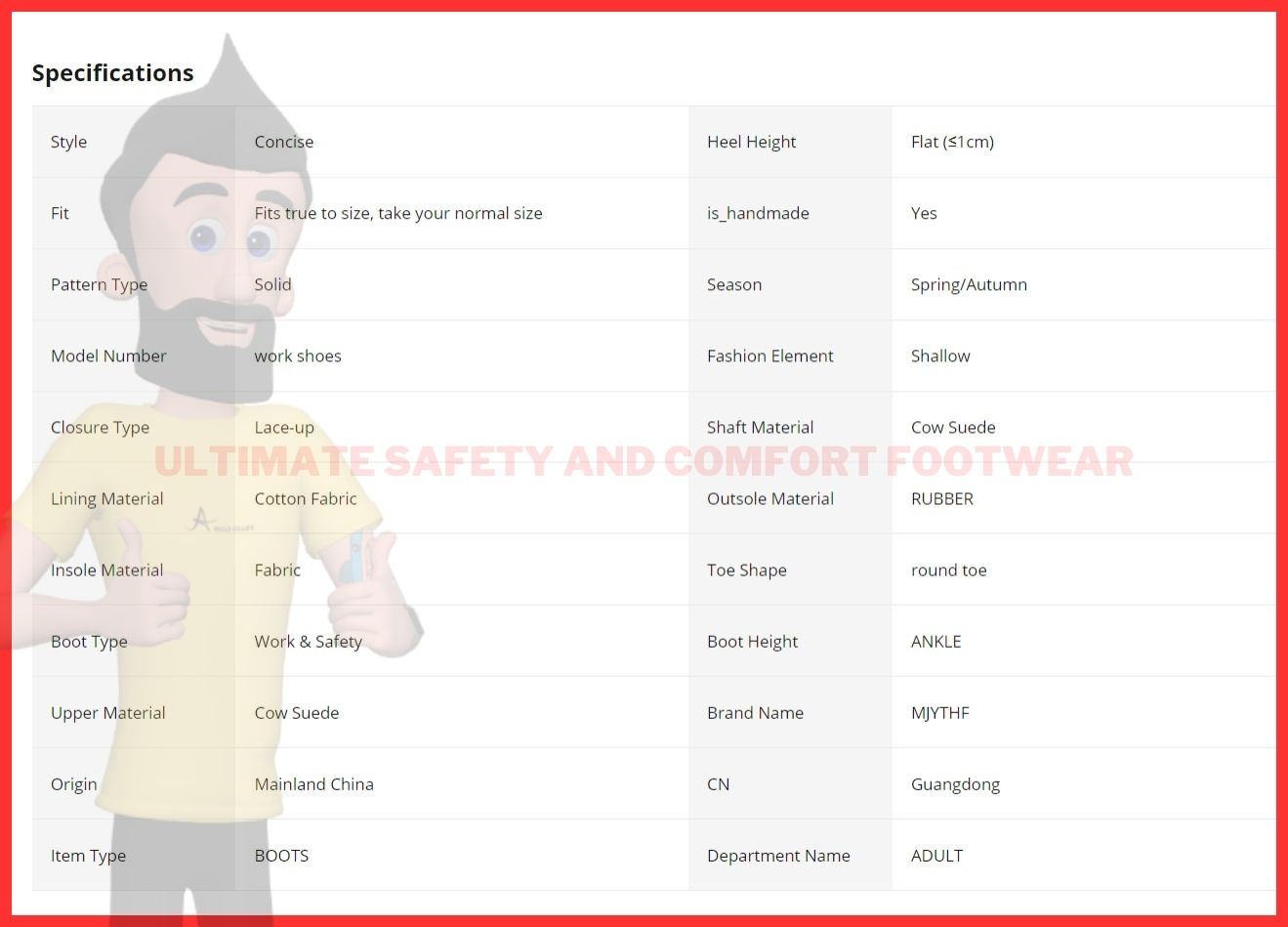 Specifications table for a Steel toe shoes with categories like Style, Fit, Upper Material, etc.