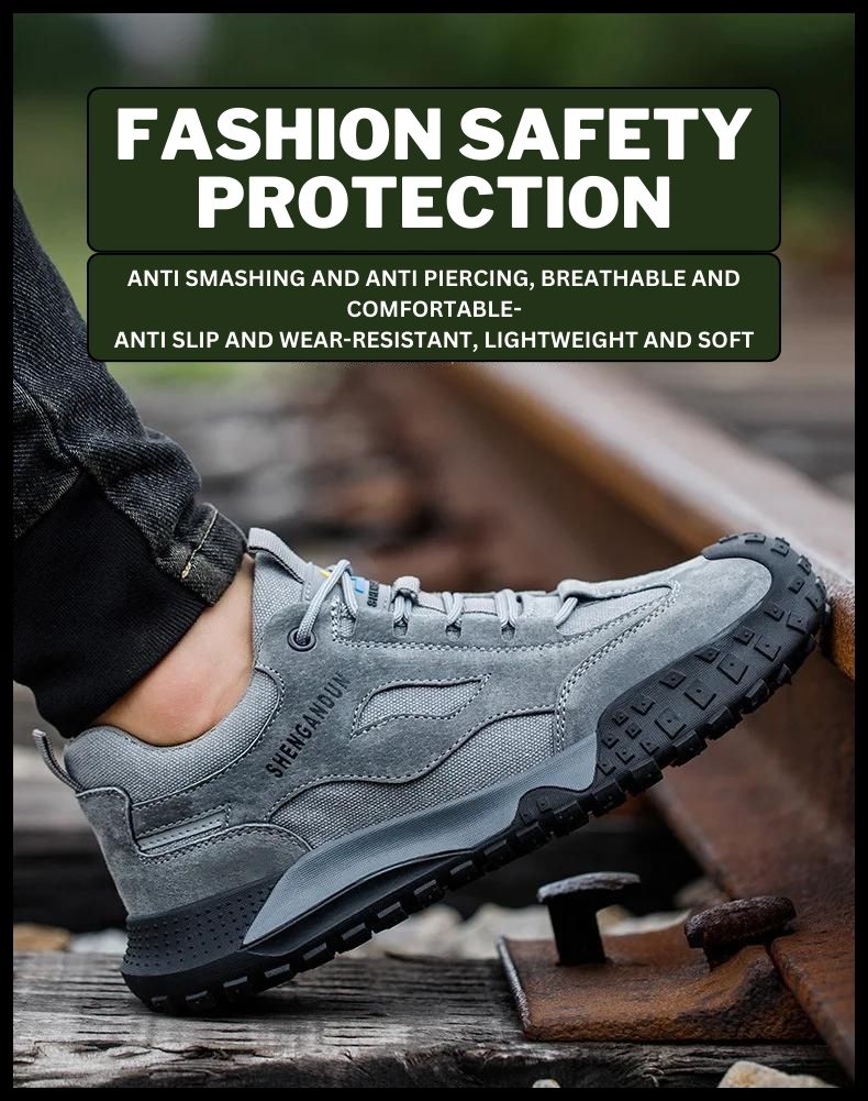 Steel toe shoes on a wooden surface outdoors, advertised for fashion and safety protection