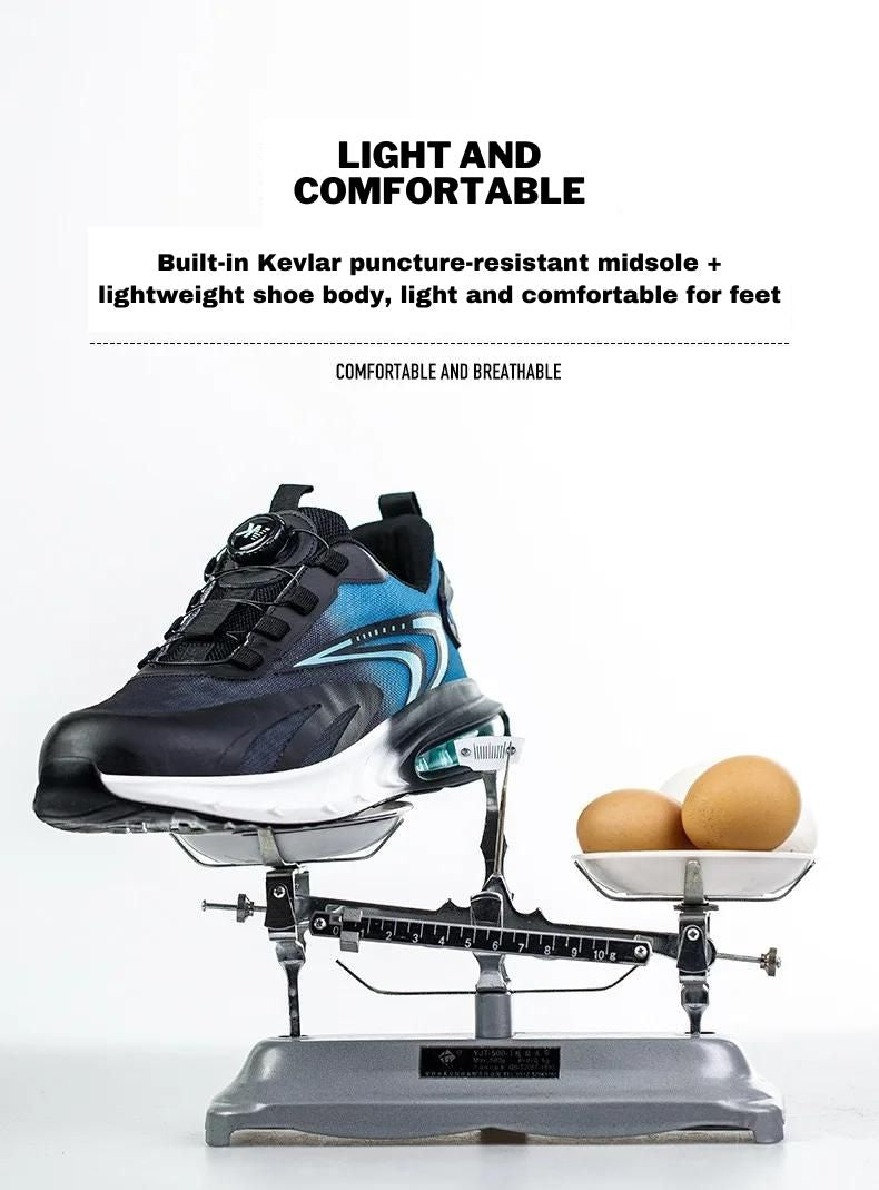 Lightweight Work Sneakers on a scale, equal in weight to two eggs, showcasing their comfort and Kevlar midsole