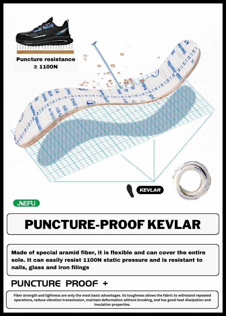 Work sneakers with puncture-proof Kevlar soles, resistant to nails, glass, and iron filings, ensuring safety and durability