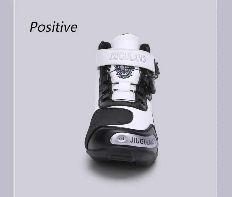 Black and white JIUGULANG Motorcycle Boots with adjustable straps, designed for speed and safety