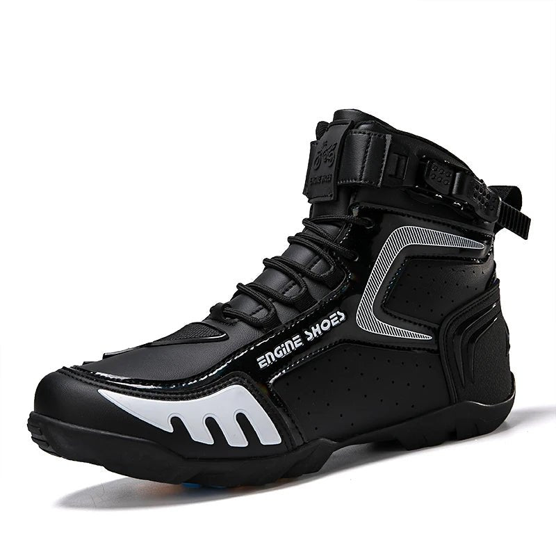 Racing Boots: Black with white accents, ‘ENGINE SHOES’ text, designed for comfort and performance