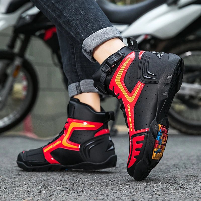 “Person in black and red Racing Boots, designed for motorsport, standing by a motorcycle.”