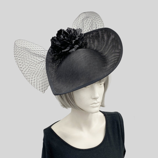 Schurend Tub wet Large Black Fascinator with Peony Flower and French Net Bow – Boston  Millinery