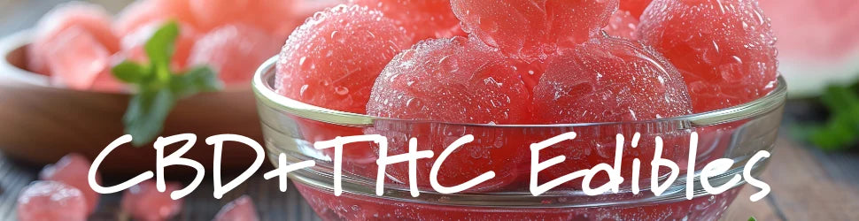 CBD+THC cherry gumdrops in a bowl.