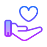 Purple icon of an outstretched hand with a love-heart in it