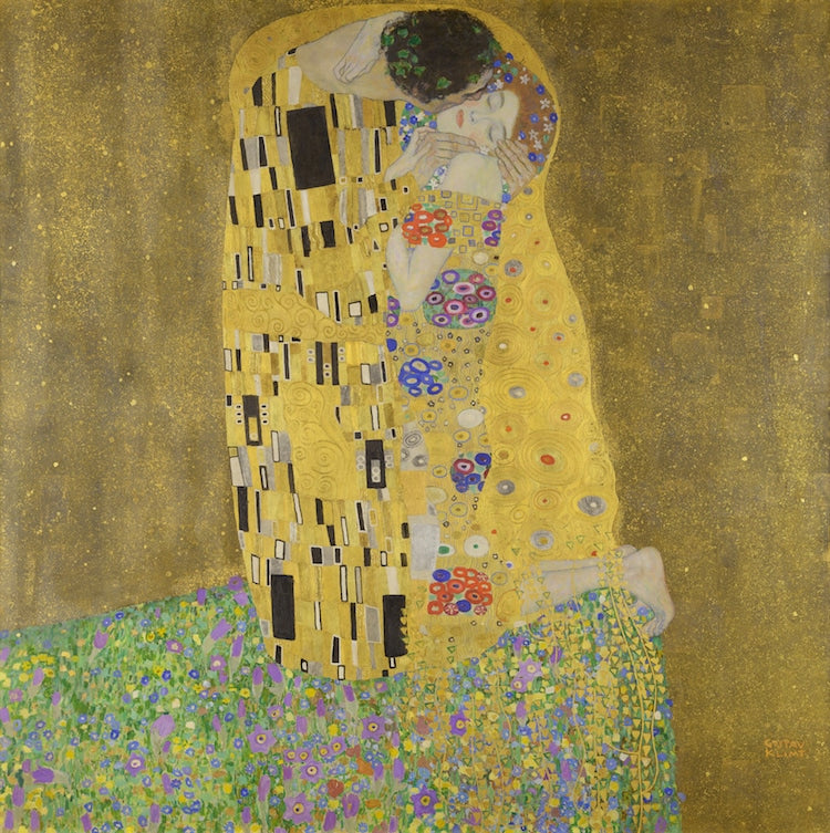 Gustav Klimt, “The Kiss,” oil and gold leaf on canvas, 1907–1908. Photo, Belvedere via Wikimedia Commons, Public domain